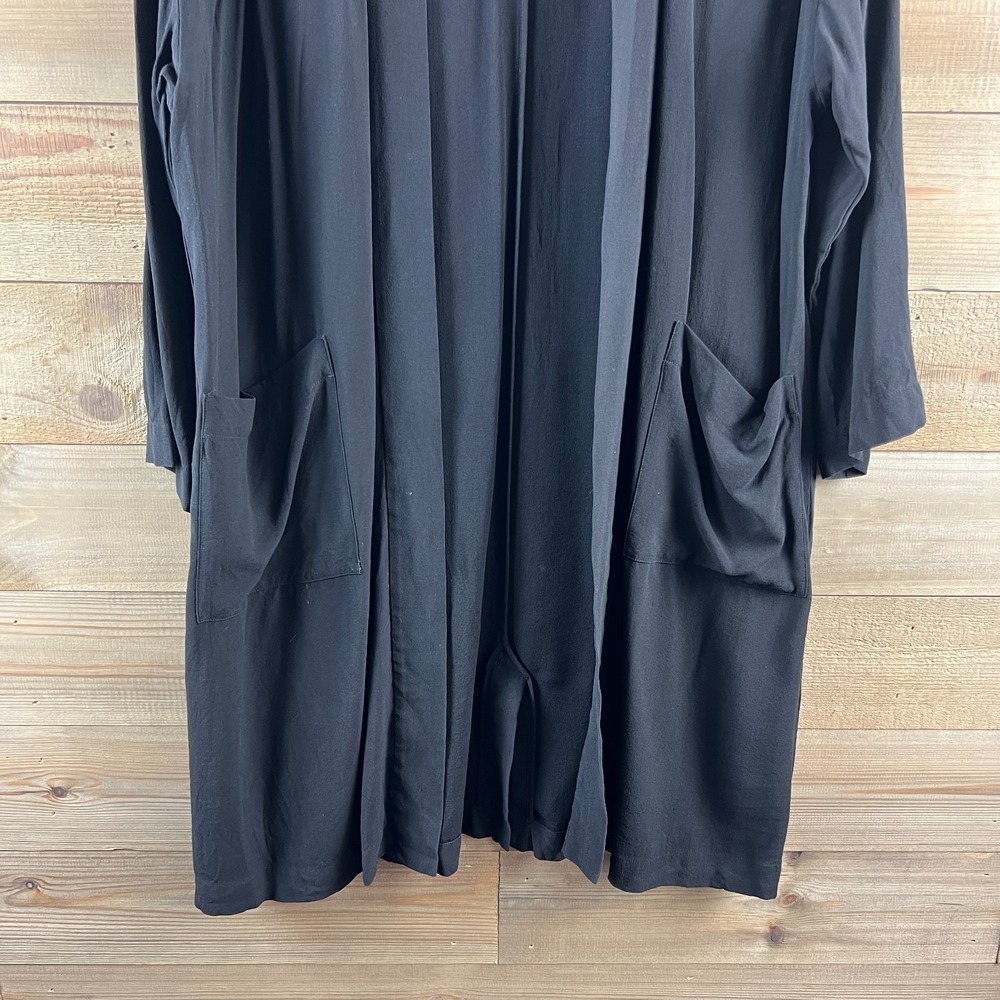 Eileen Fisher Womens Cardigan Open Front Pockets Black Minimalist‎ 100% Silk PL - Picture 3 of 7